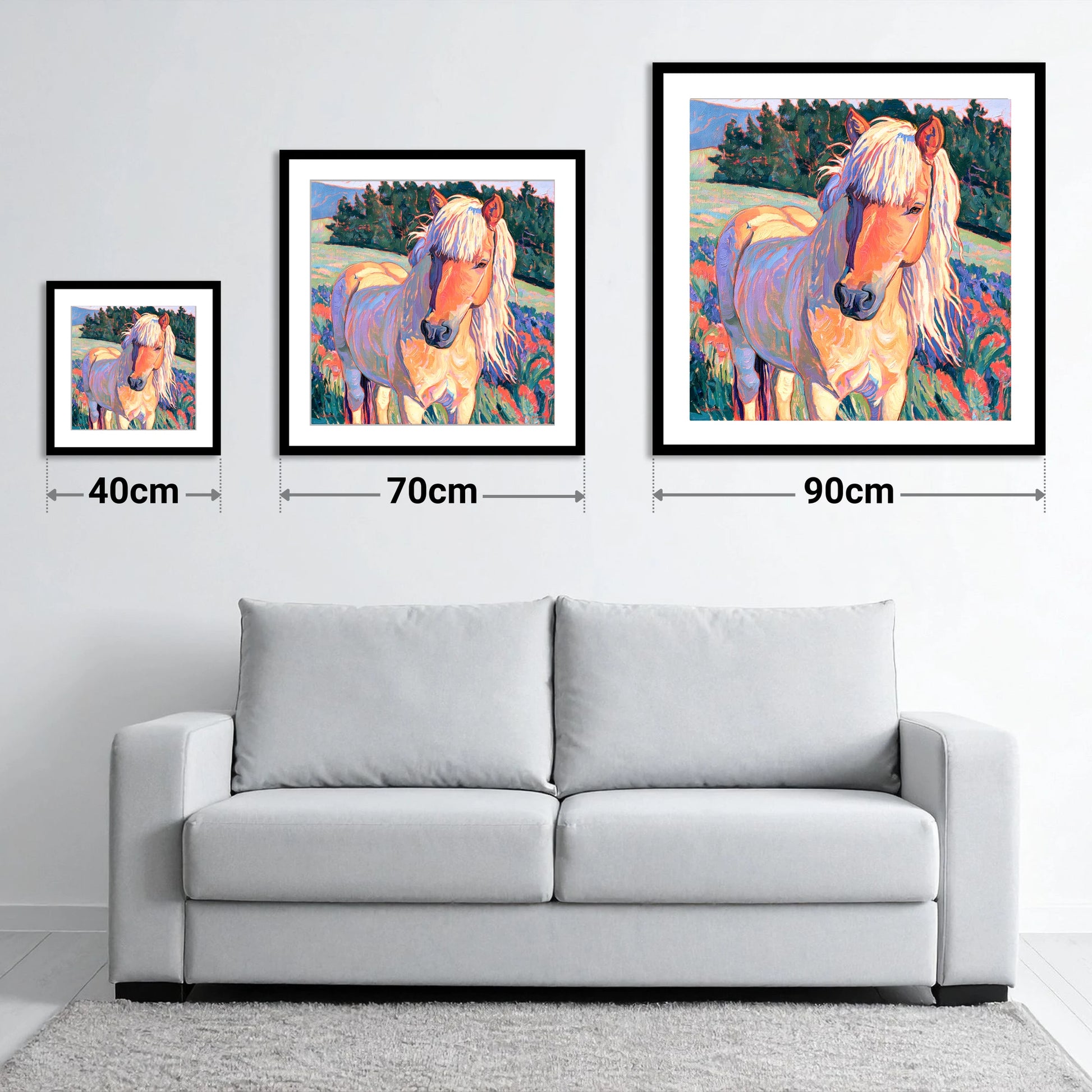 Vibrant Palomino Pony In Meadow - size guide showing 40cm, 70cm and 90cm art prints