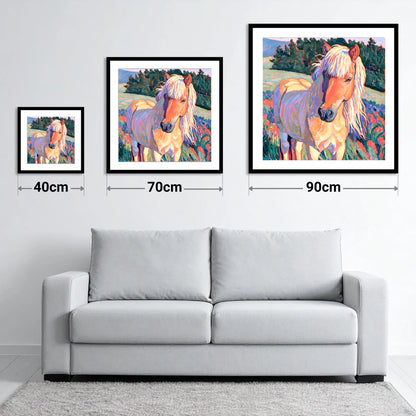 Vibrant Palomino Pony In Meadow - size guide showing 40cm, 70cm and 90cm art prints