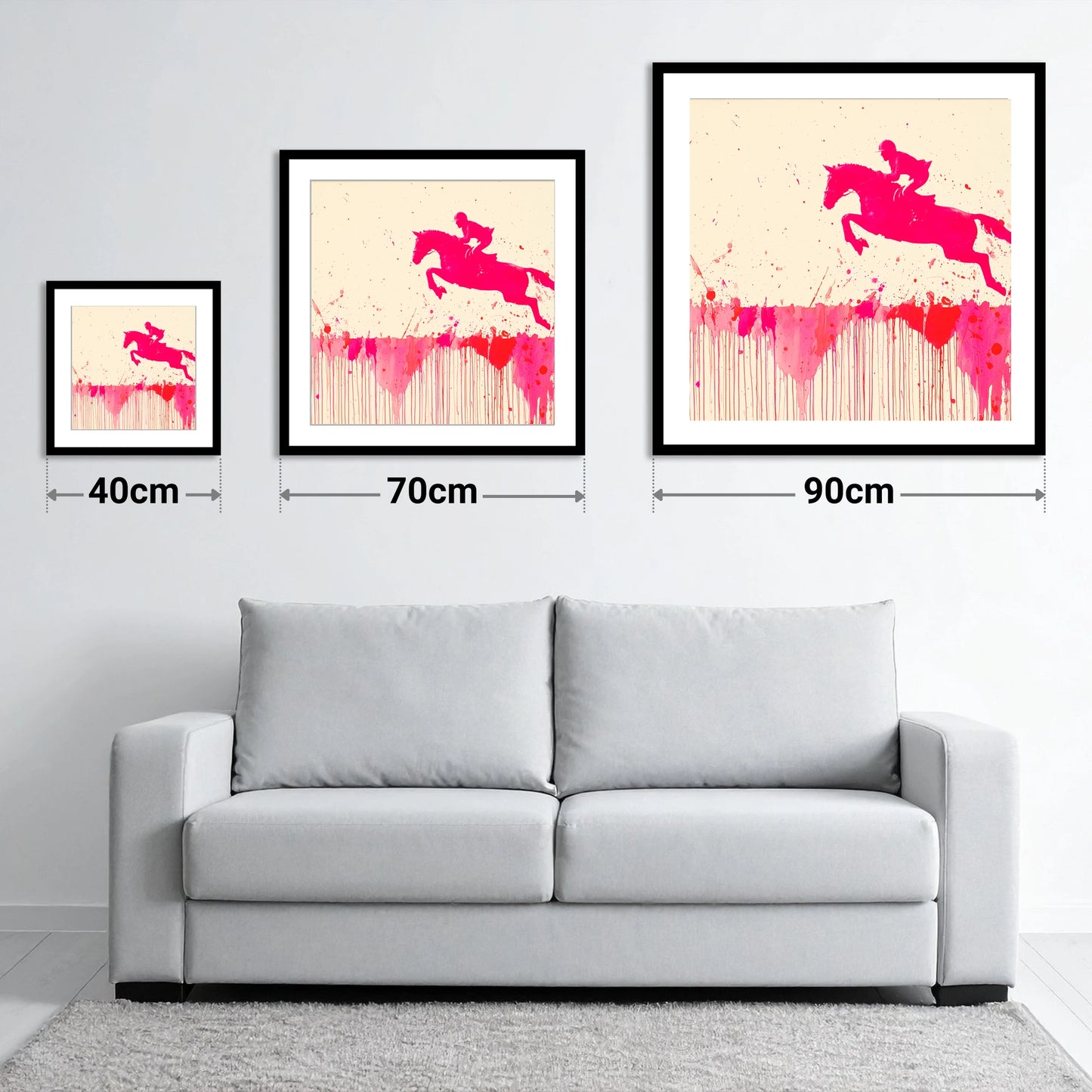 Magenta Flight - size guide showing 40cm, 70cm and 90cm art prints
