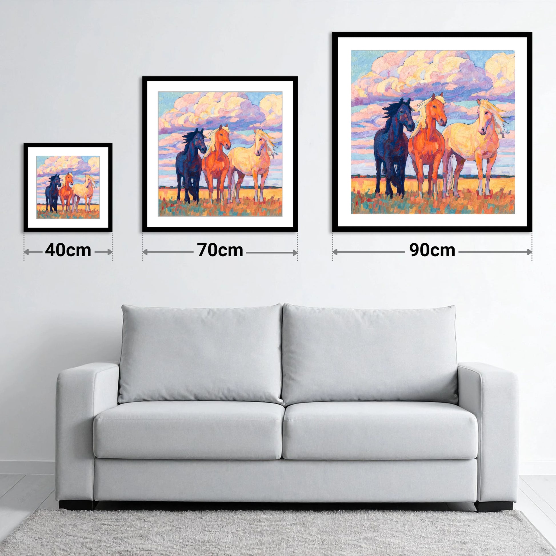 Three Under Painted Skies - size guide showing 40cm, 70cm and 90cm art prints