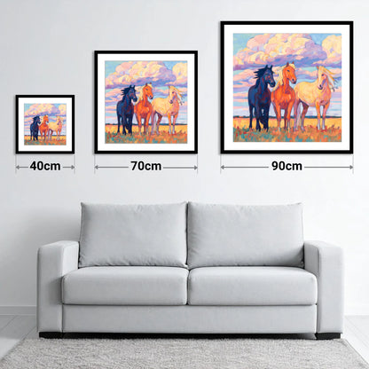 Three Under Painted Skies - size guide showing 40cm, 70cm and 90cm art prints