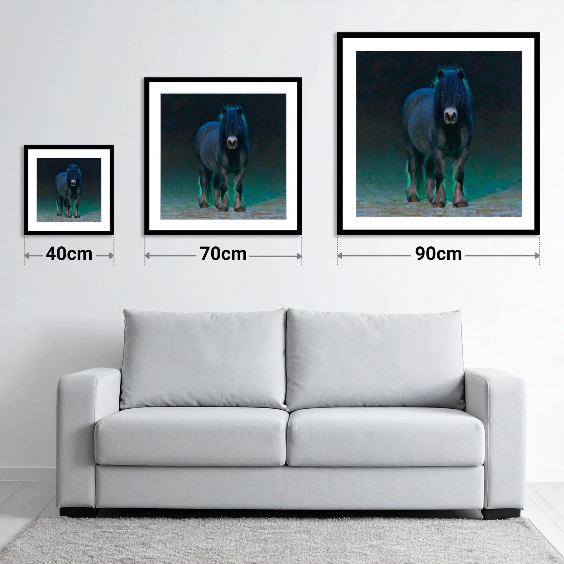 Black Shetland Pony in Moonlight - size guide showing 40cm, 70cm and 90cm art prints