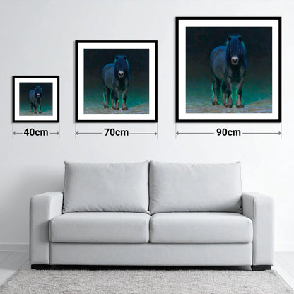 Black Shetland Pony in Moonlight - size guide showing 40cm, 70cm and 90cm art prints