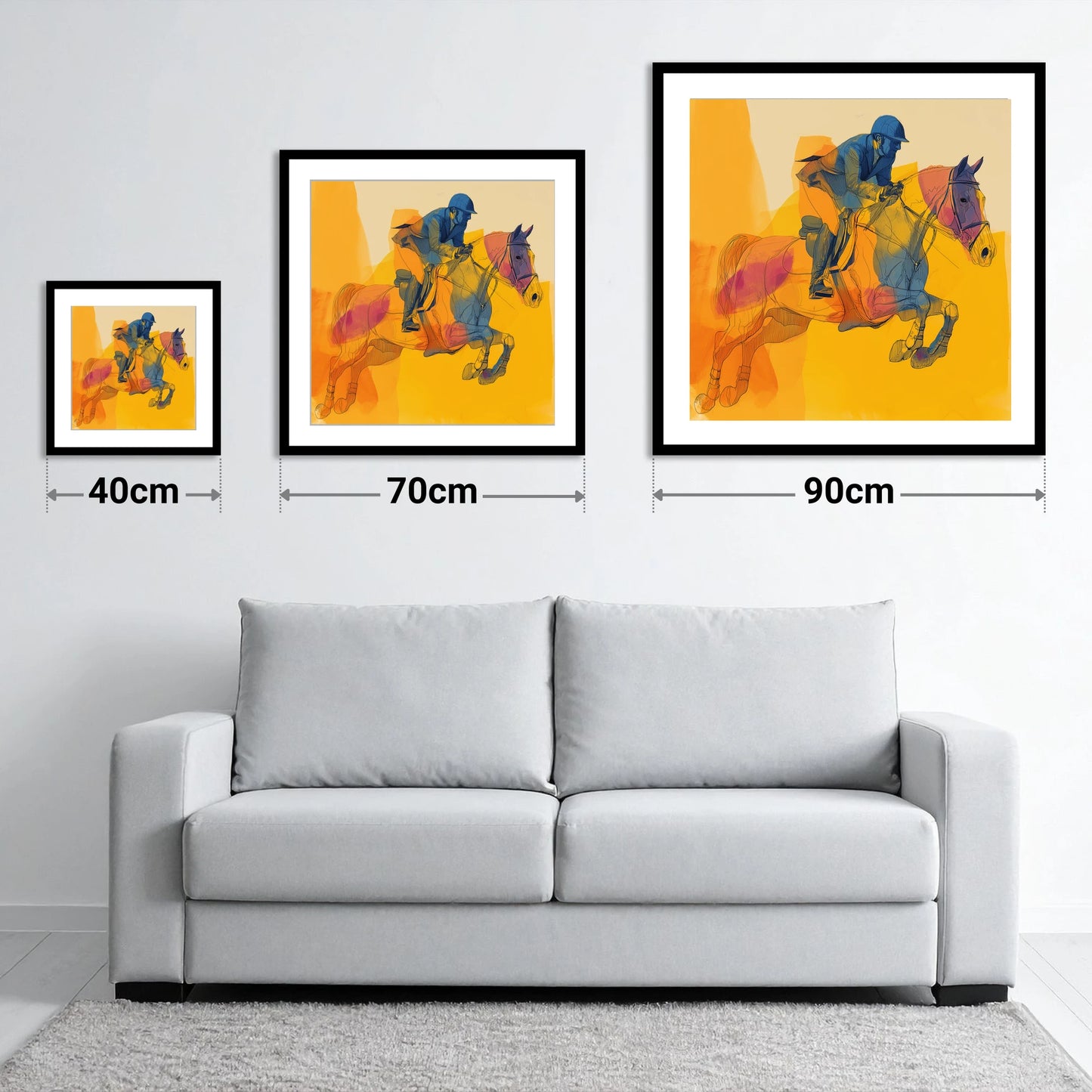 Flight in Colour - size guide showing 40cm, 70cm and 90cm art prints