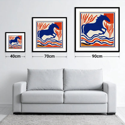 The Cobalt Leap - size guide showing 40cm, 70cm and 90cm art prints