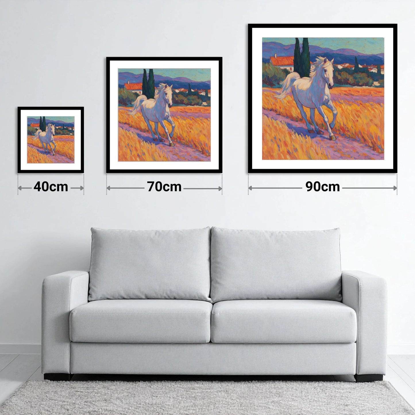Sunlit Provincial Grey - size guide showing 40cm, 70cm and 90cm art prints