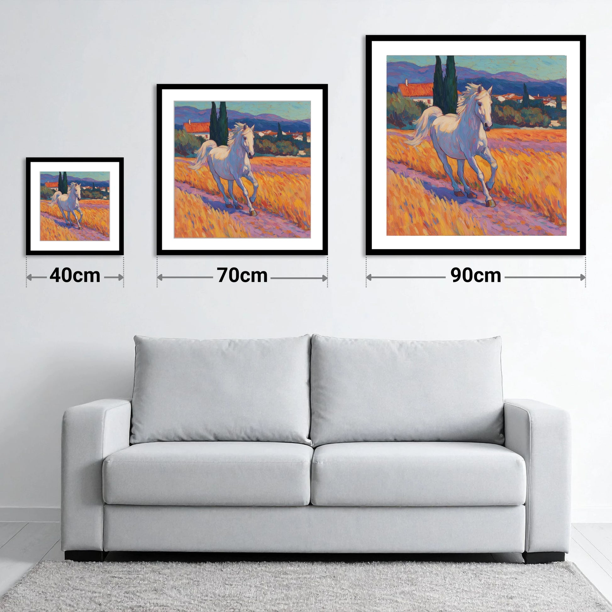 Sunlit Provincial Grey - size guide showing 40cm, 70cm and 90cm art prints