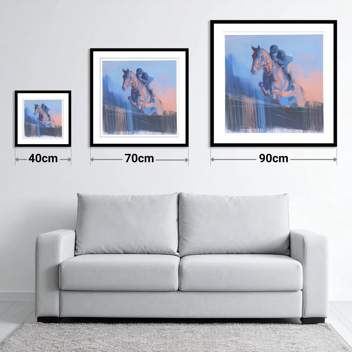 Suspended in Cobalt - size guide showing 40cm, 70cm and 90cm art prints