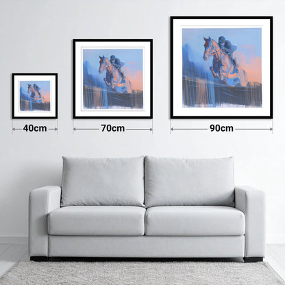 Suspended in Cobalt - size guide showing 40cm, 70cm and 90cm art prints