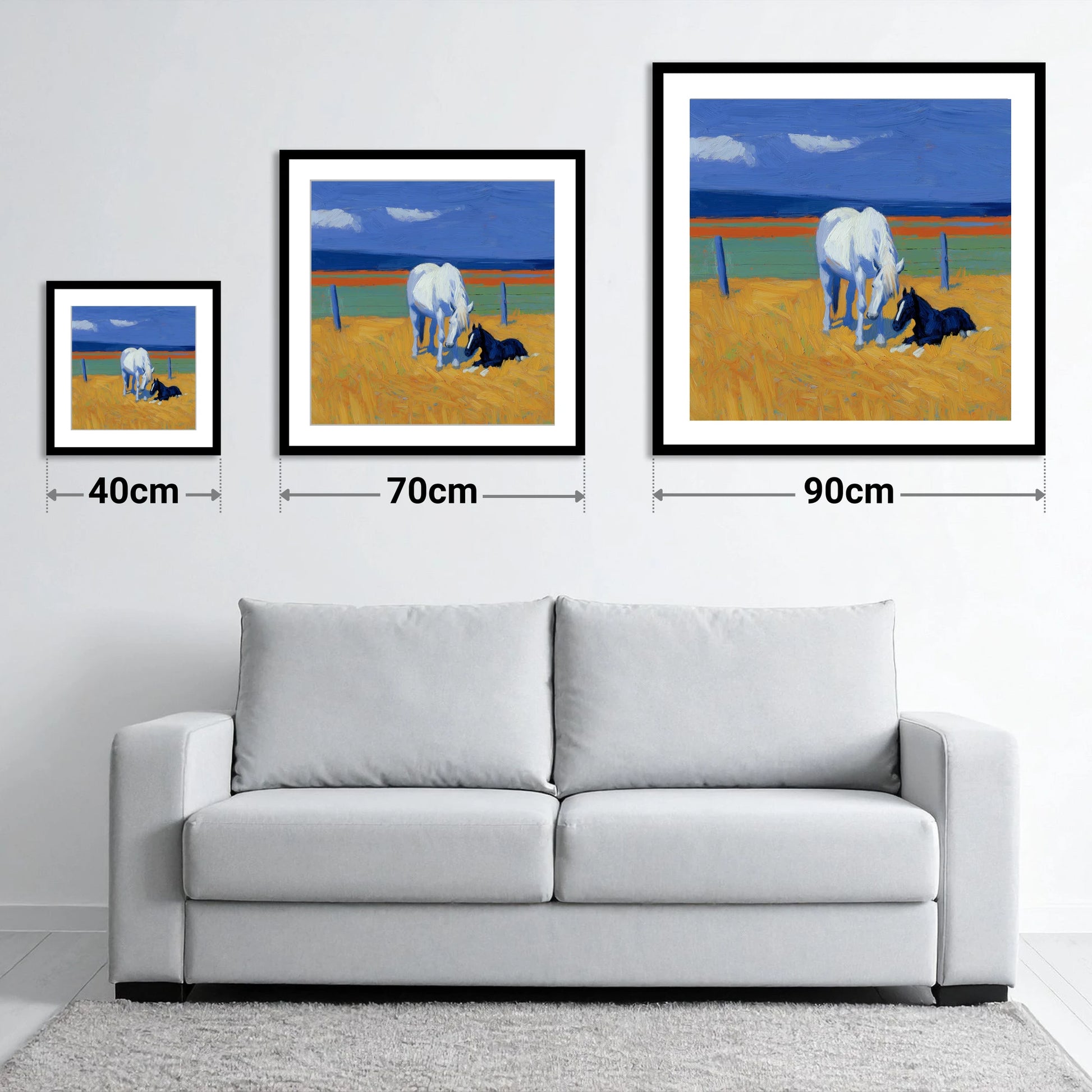 Sunlit Mare and Foal - size guide showing 40cm, 70cm and 90cm art prints