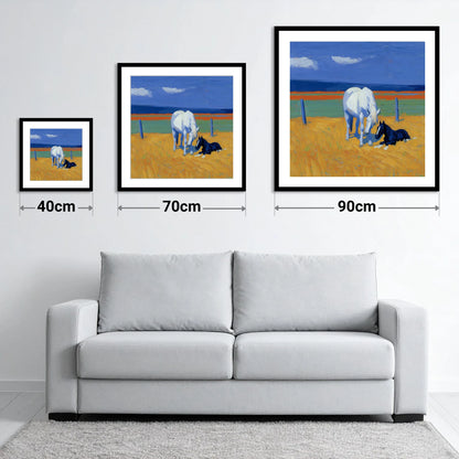 Sunlit Mare and Foal - size guide showing 40cm, 70cm and 90cm art prints