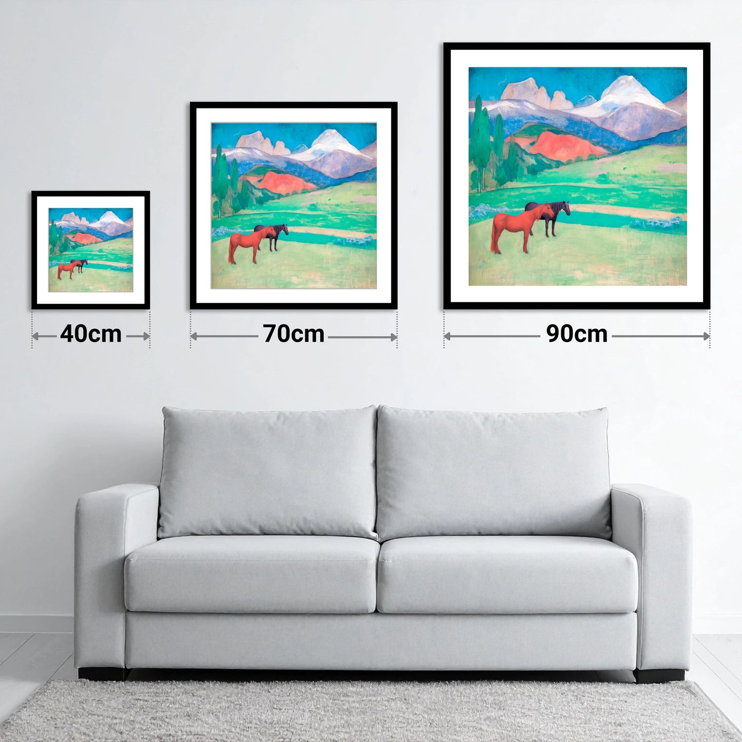 Crimson Mountain Companions - size guide showing 40cm, 70cm and 90cm art prints