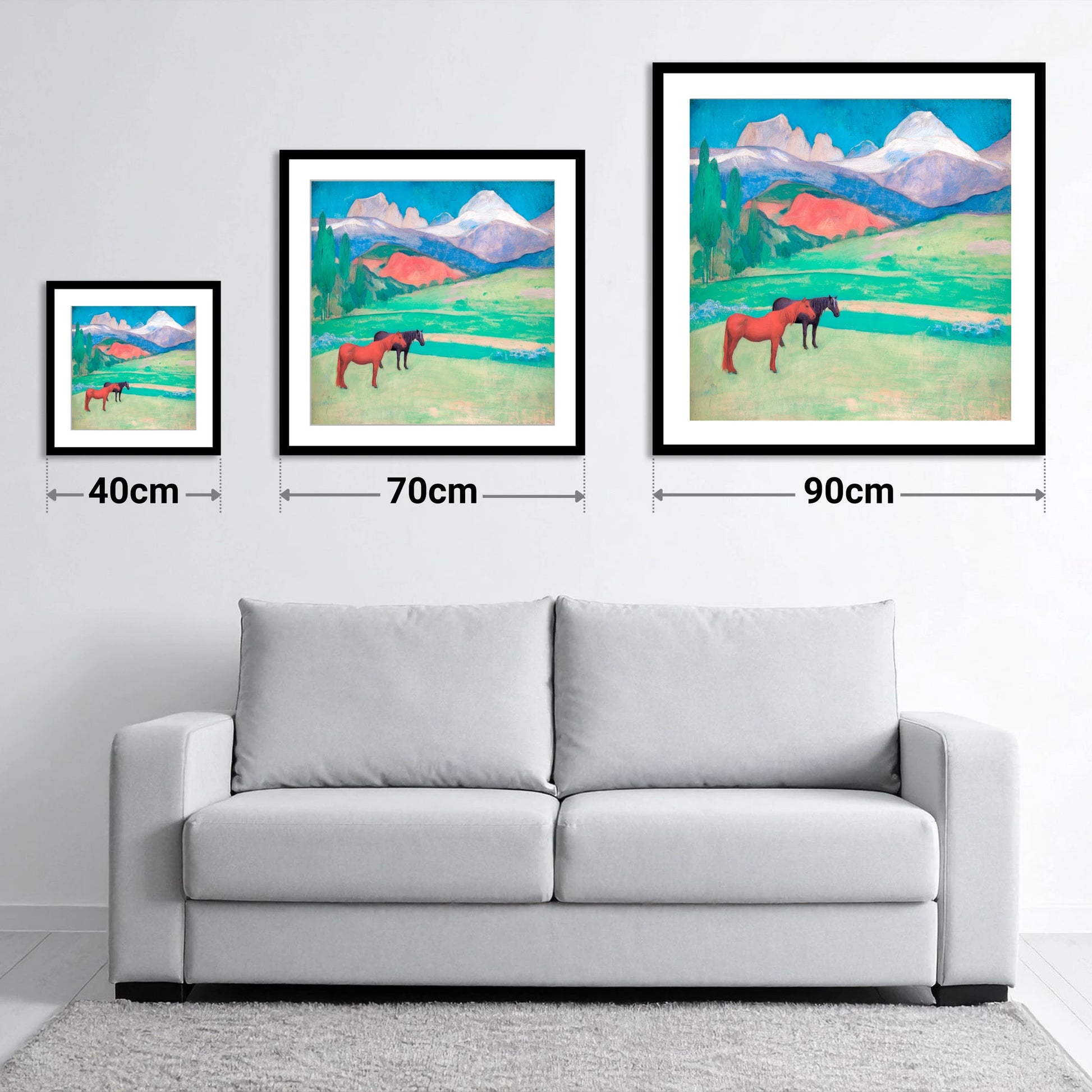 Crimson Mountain Companions - size guide showing 40cm, 70cm and 90cm art prints