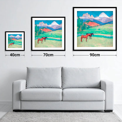 Crimson Mountain Companions - size guide showing 40cm, 70cm and 90cm art prints