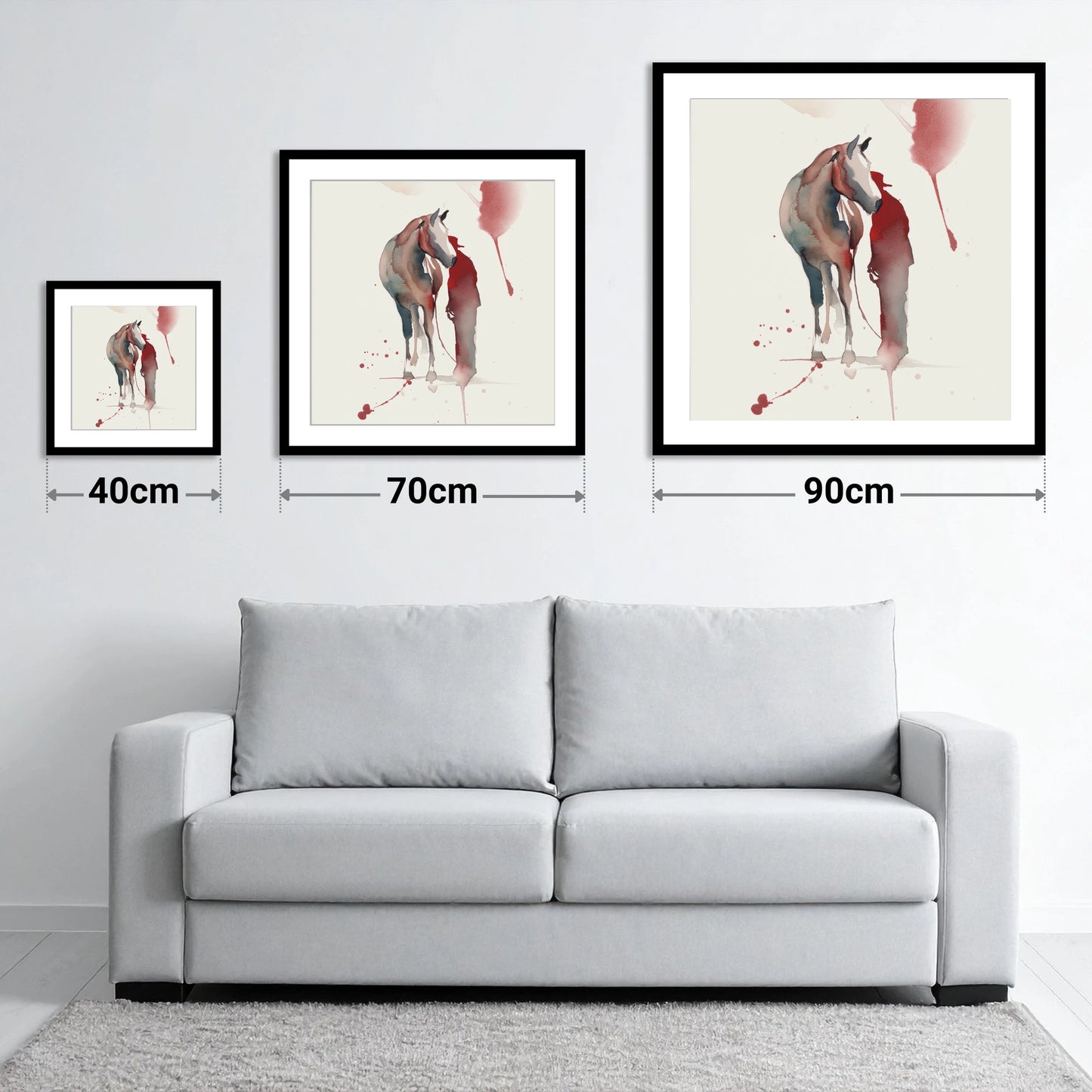 The Quiet Bond - size guide showing 40cm, 70cm and 90cm art prints