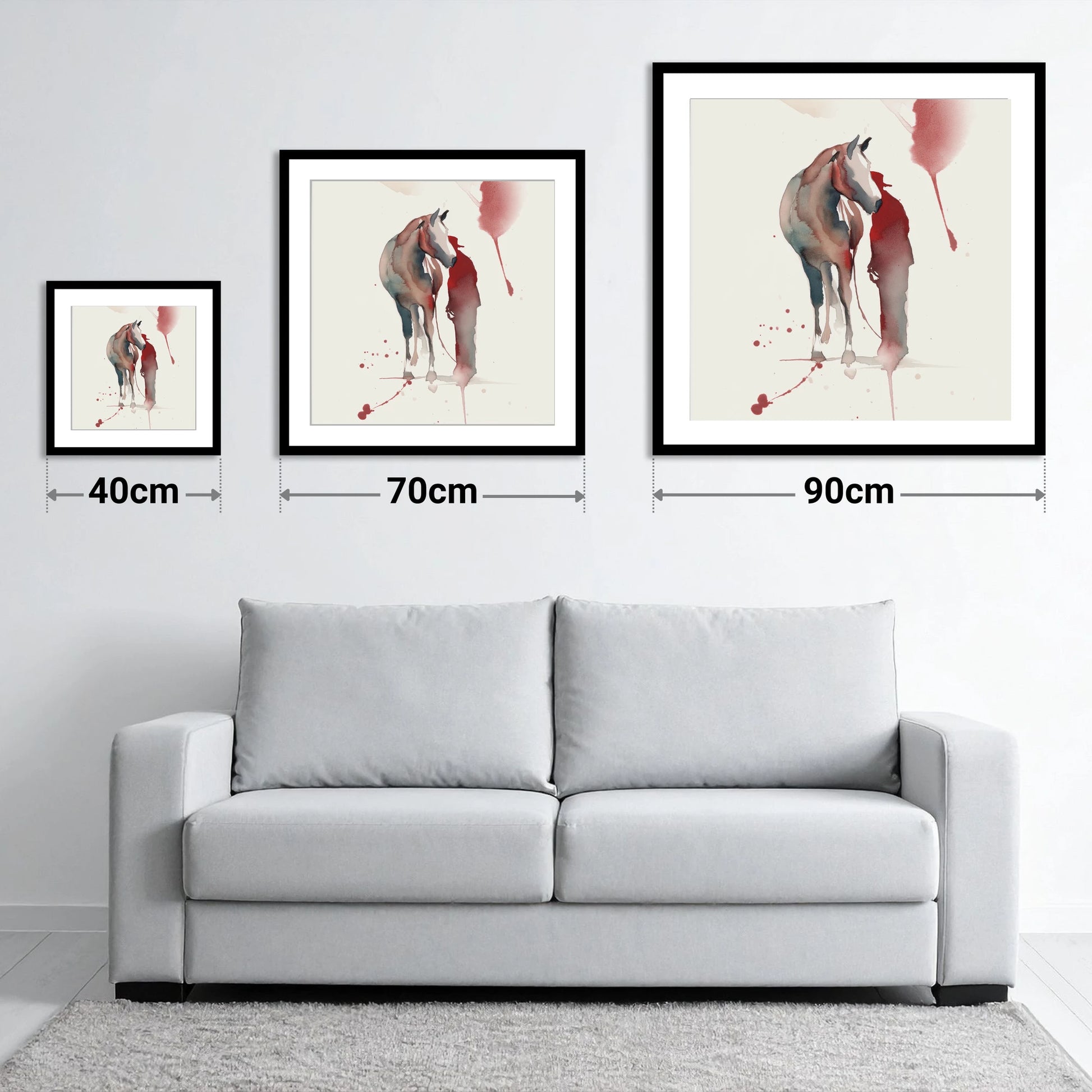 The Quiet Bond - size guide showing 40cm, 70cm and 90cm art prints
