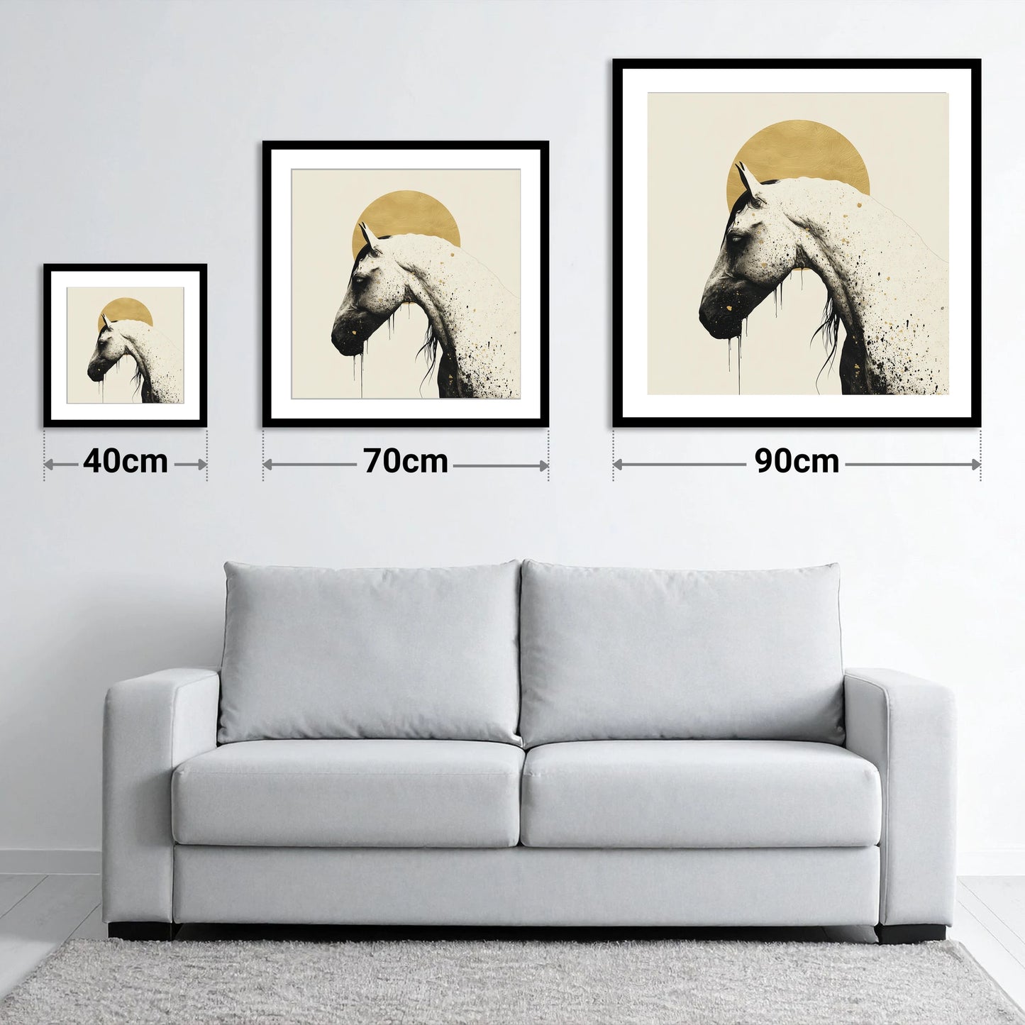 Gilded Equine Profile - size guide showing 40cm, 70cm and 90cm art prints