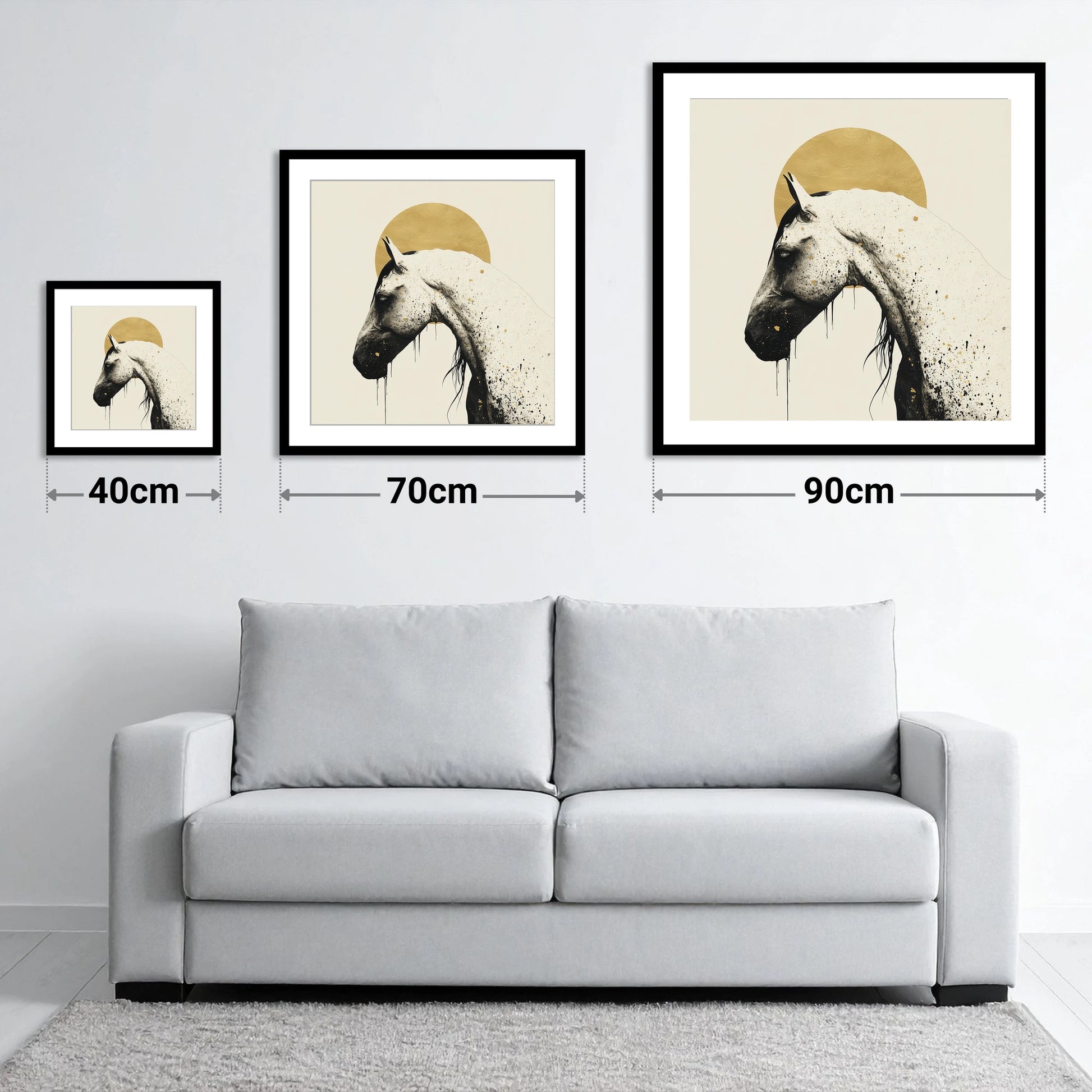 Gilded Equine Profile - size guide showing 40cm, 70cm and 90cm art prints