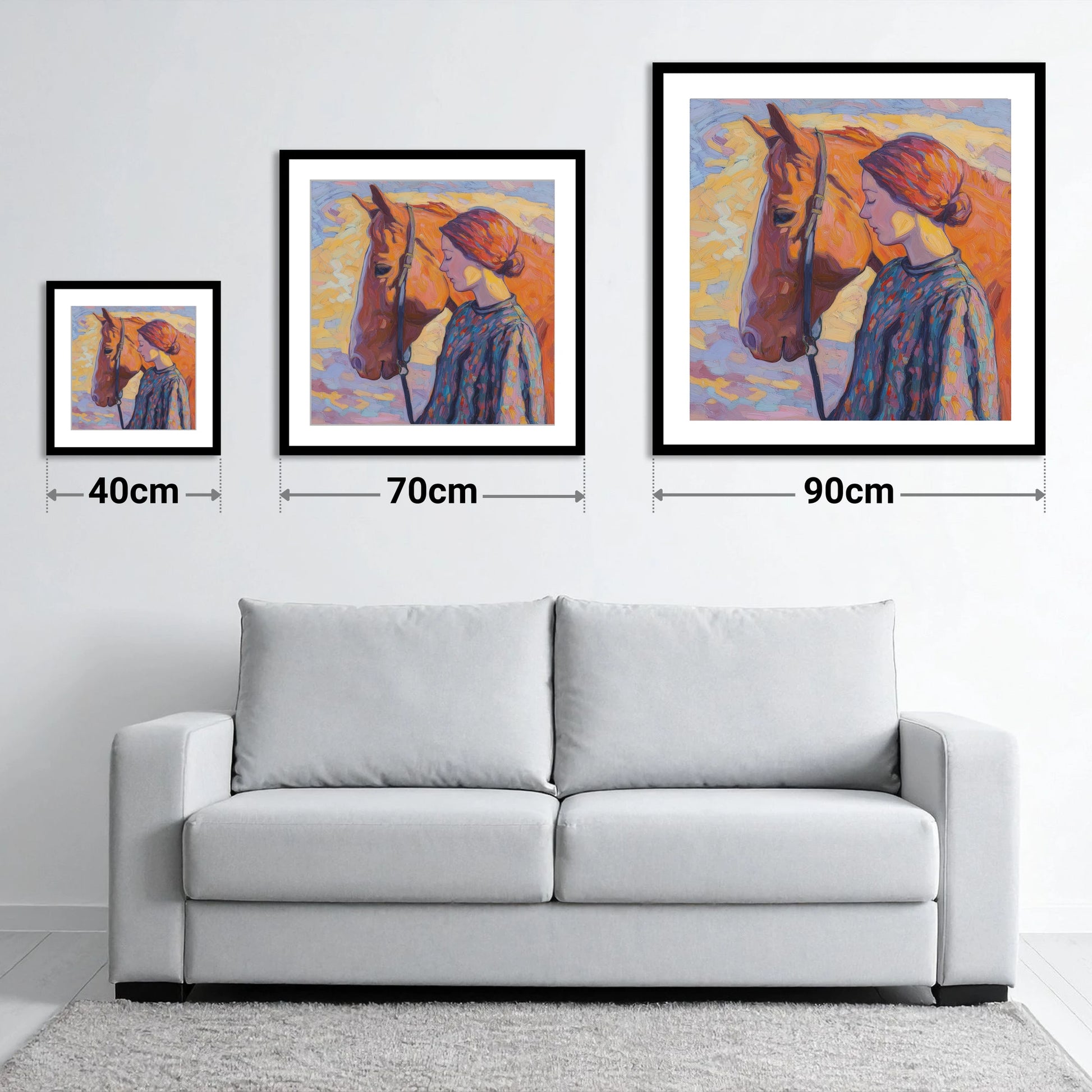 Radiant Connection - size guide showing 40cm, 70cm and 90cm art prints