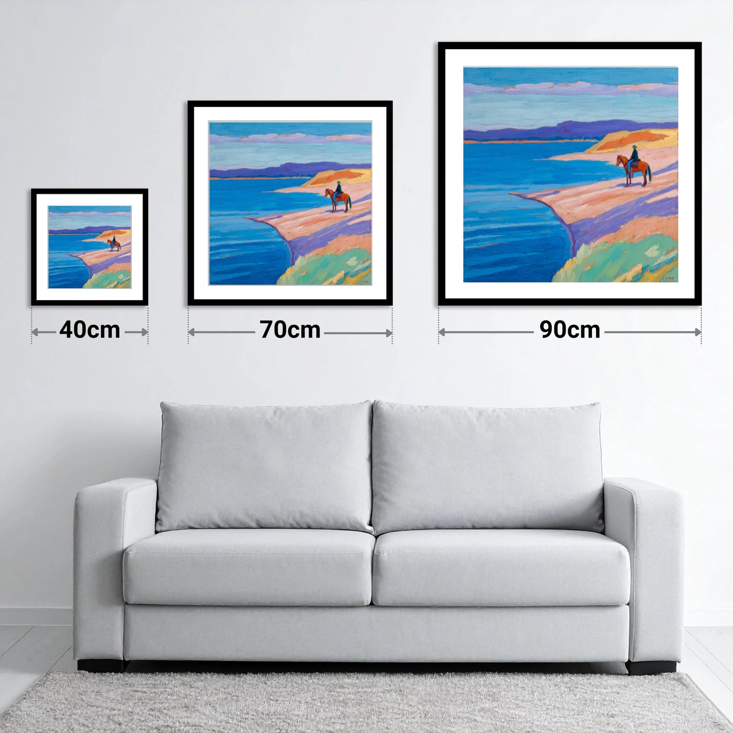 Edge of the Azure - size guide showing 40cm, 70cm and 90cm art prints