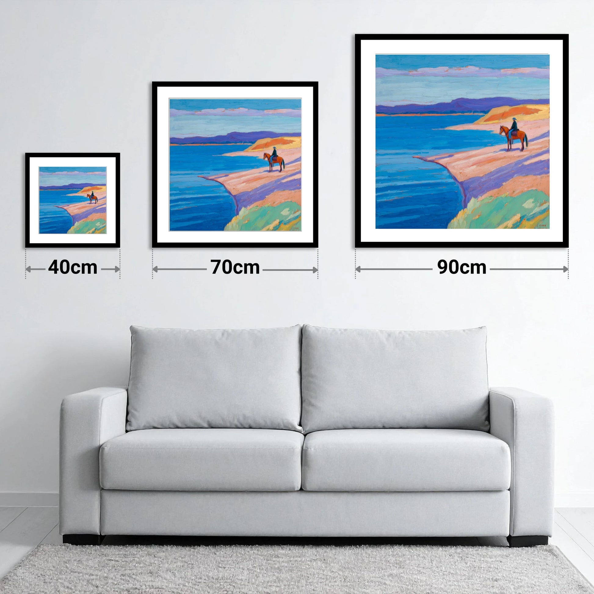 Edge of the Azure - size guide showing 40cm, 70cm and 90cm art prints