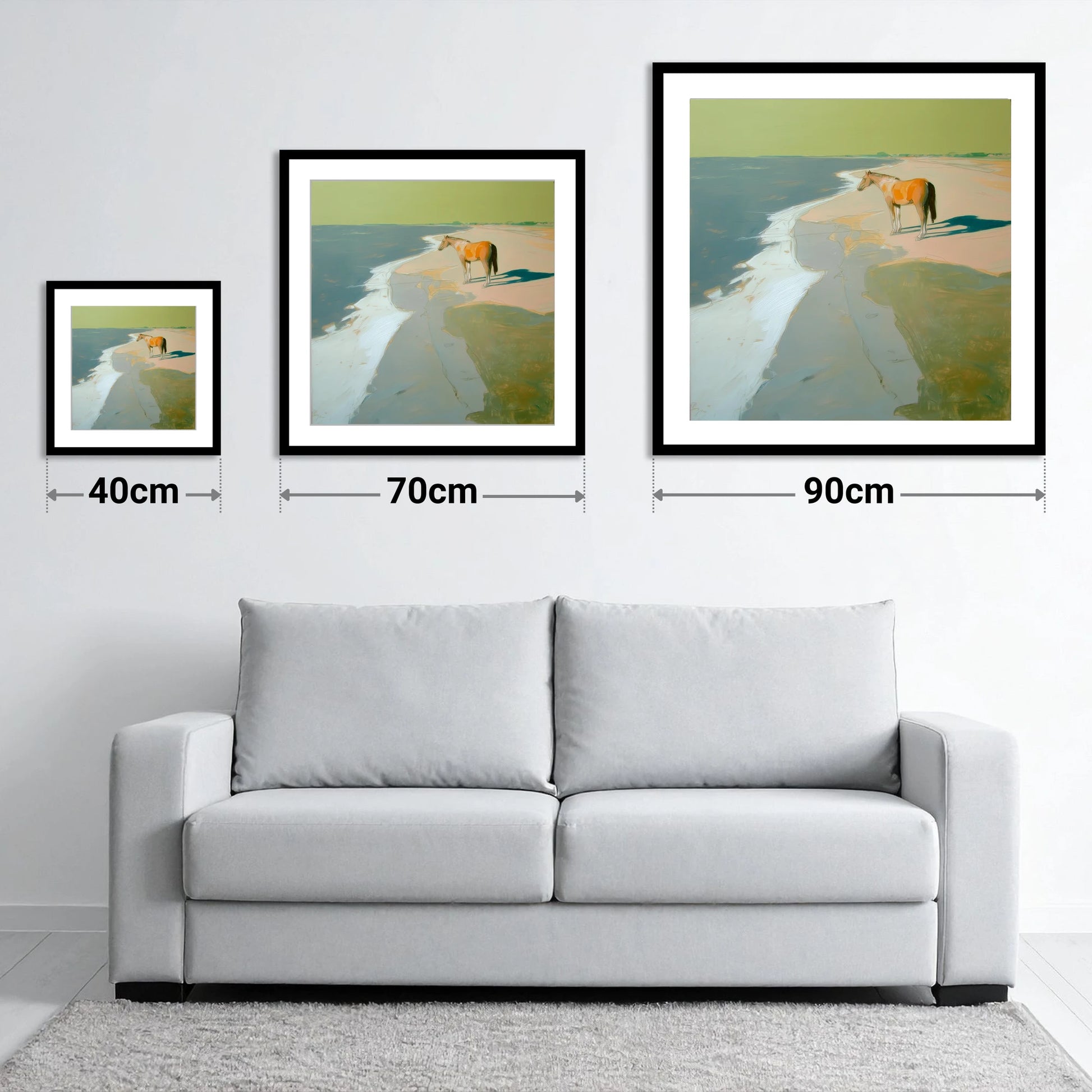 Shoreline Solitude - size guide showing 40cm, 70cm and 90cm art prints