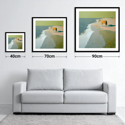 Shoreline Solitude - size guide showing 40cm, 70cm and 90cm art prints