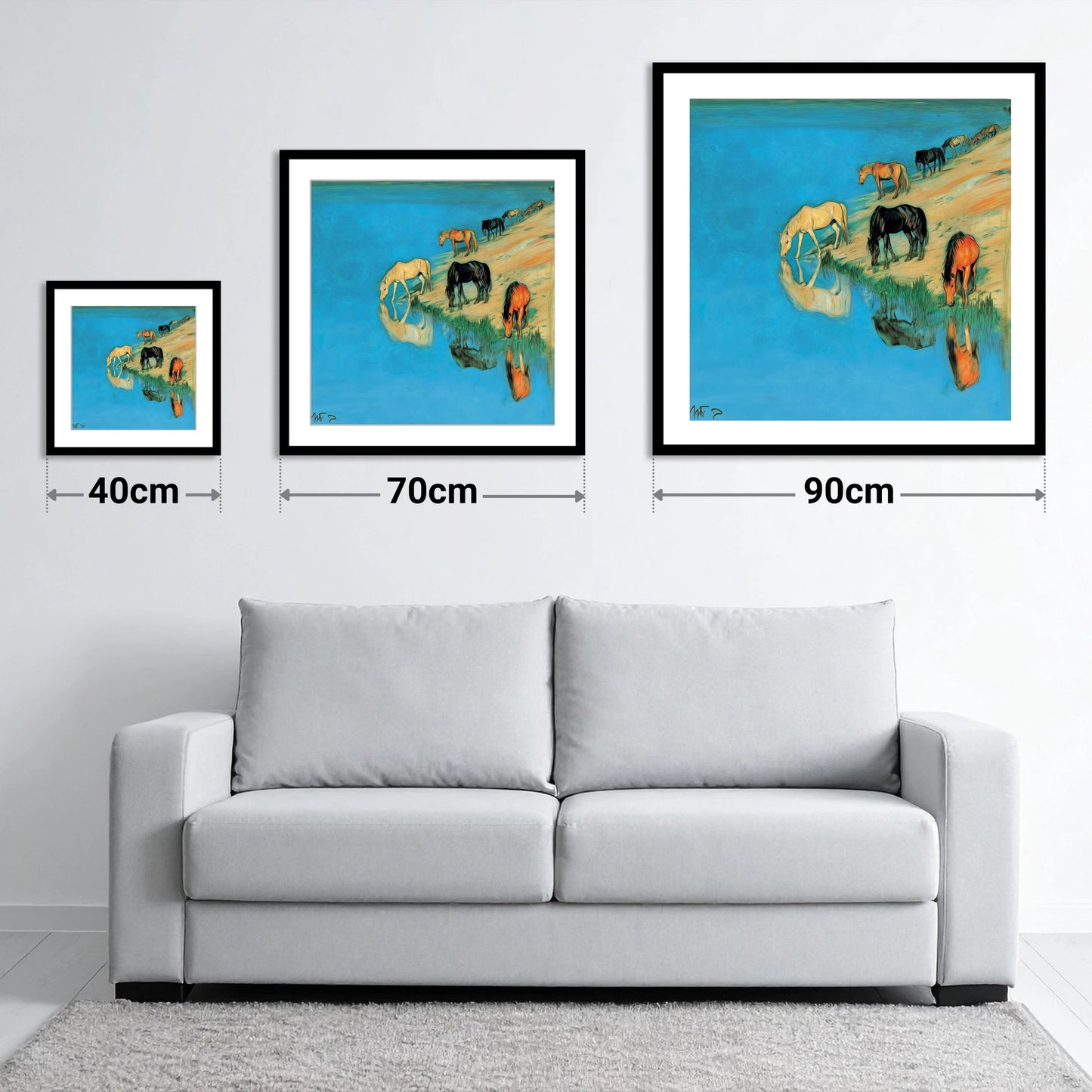 Azure Bank Reflections - size guide showing 40cm, 70cm and 90cm art prints