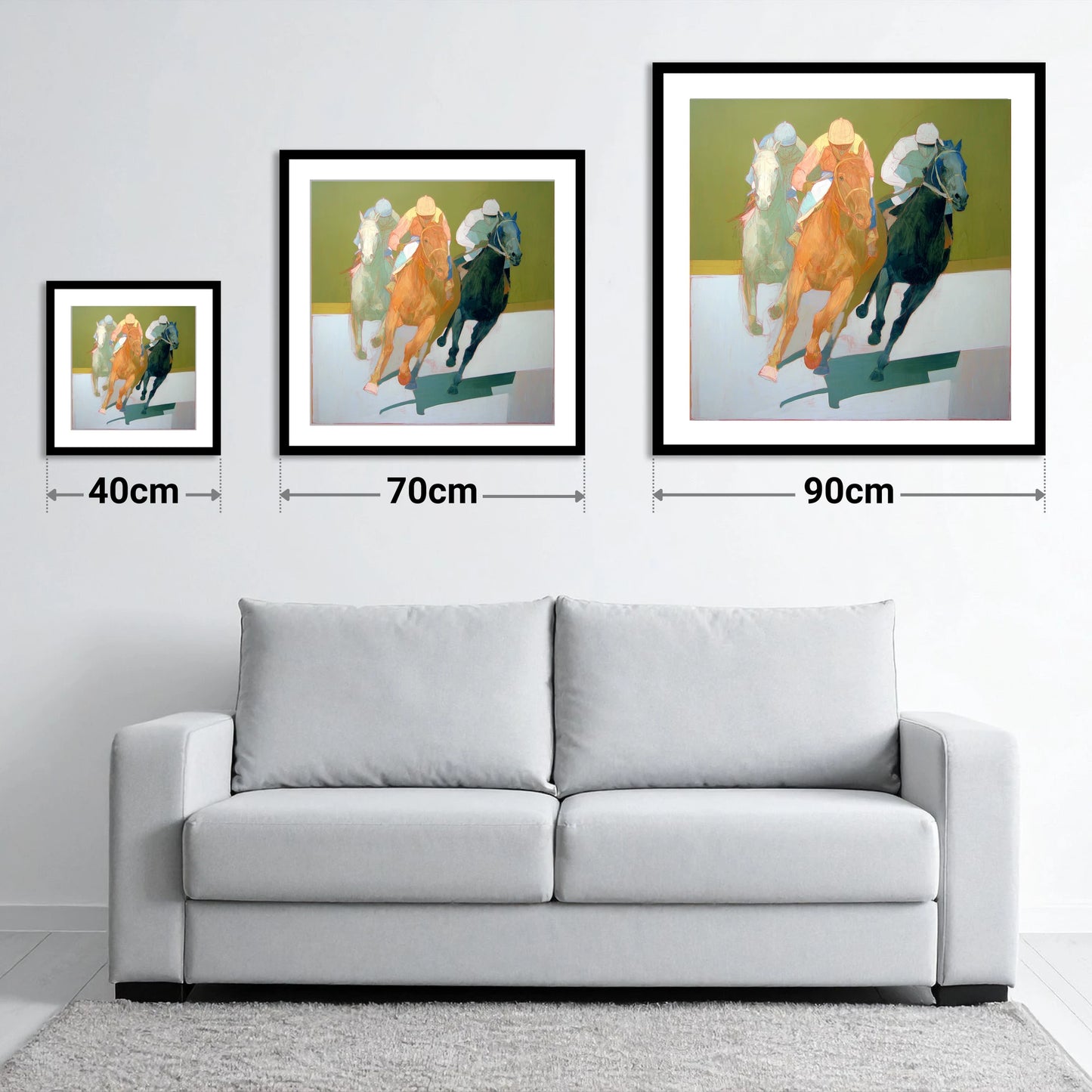 The Final Furlong - size guide showing 40cm, 70cm and 90cm art prints
