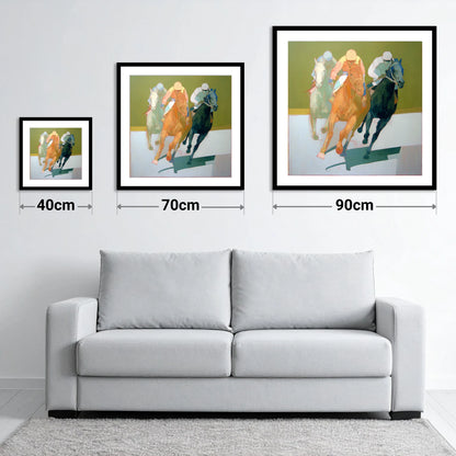 The Final Furlong - size guide showing 40cm, 70cm and 90cm art prints