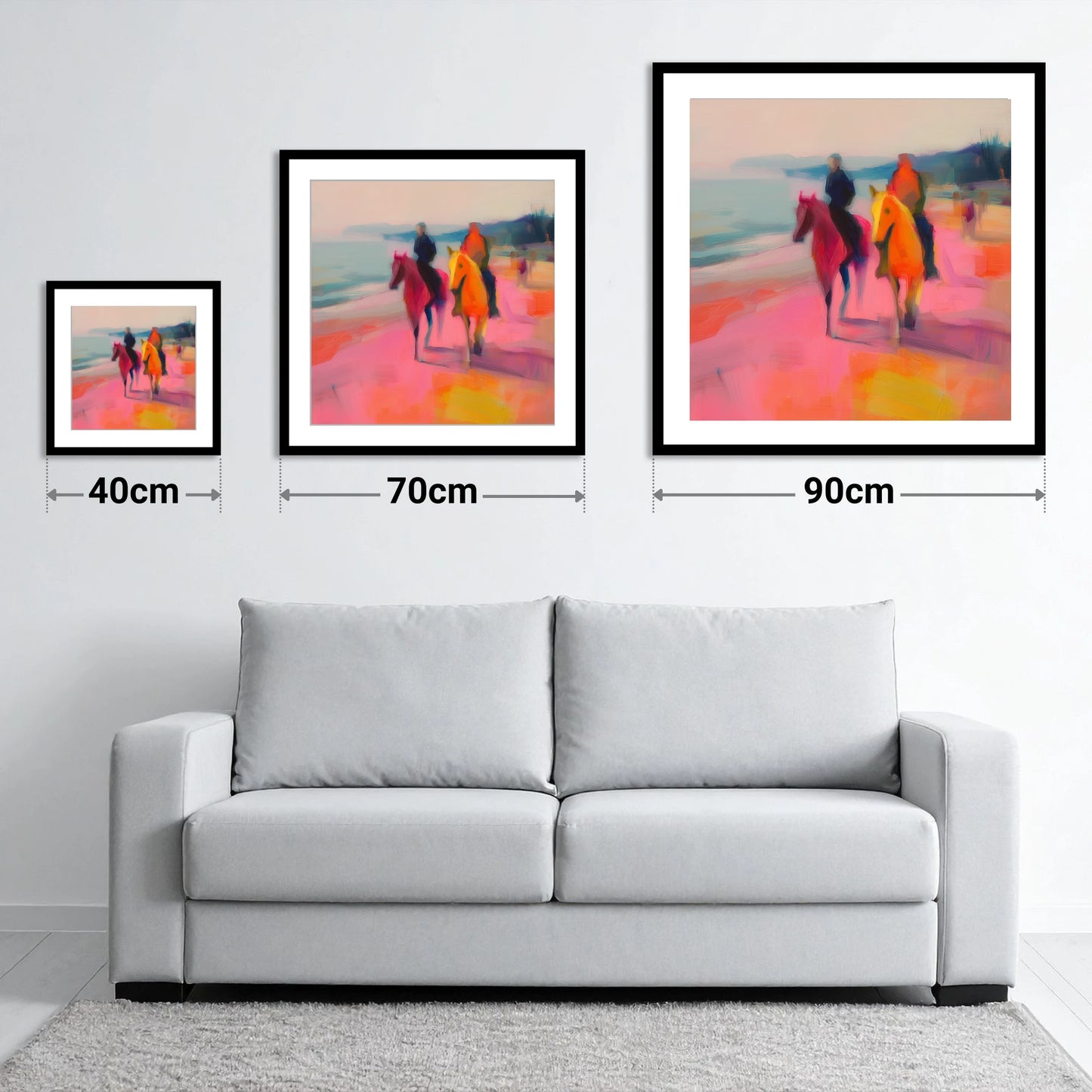 Vivid Coastal Ride - size guide showing 40cm, 70cm and 90cm art prints