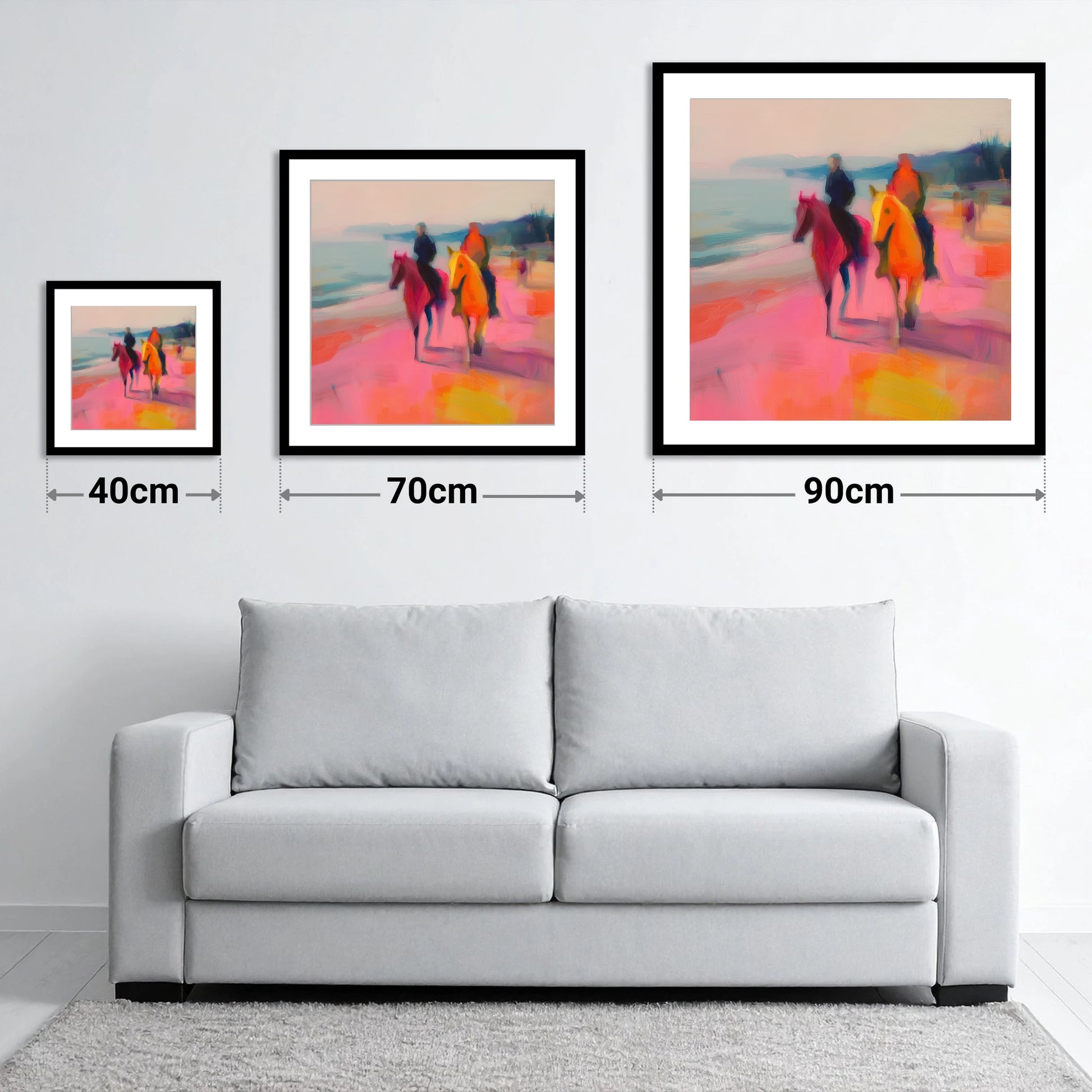 Vivid Coastal Ride - size guide showing 40cm, 70cm and 90cm art prints