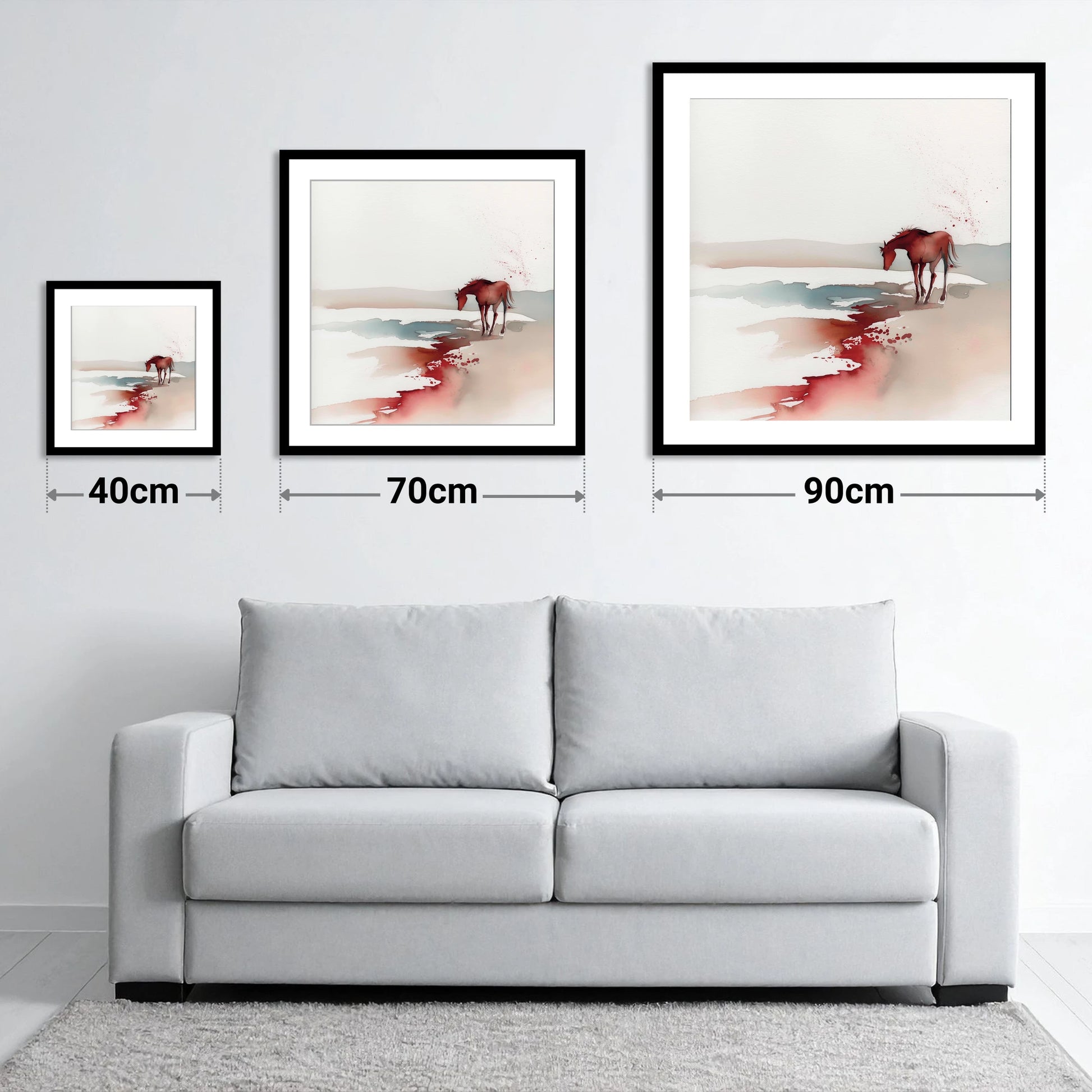 Crimson Waterside Solitude - size guide showing 40cm, 70cm and 90cm art prints