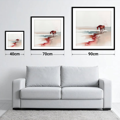 Crimson Waterside Solitude - size guide showing 40cm, 70cm and 90cm art prints