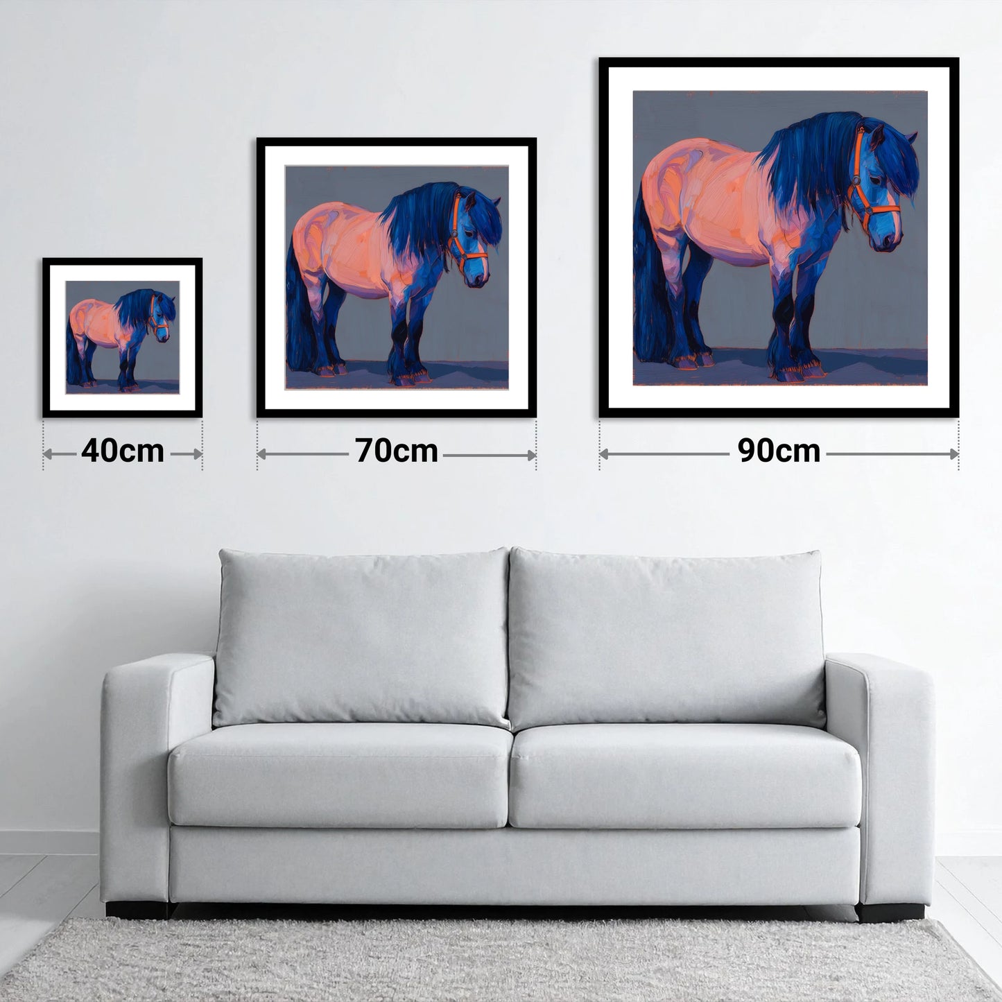 Cobalt Shadows Heavy Cob - size guide showing 40cm, 70cm and 90cm art prints