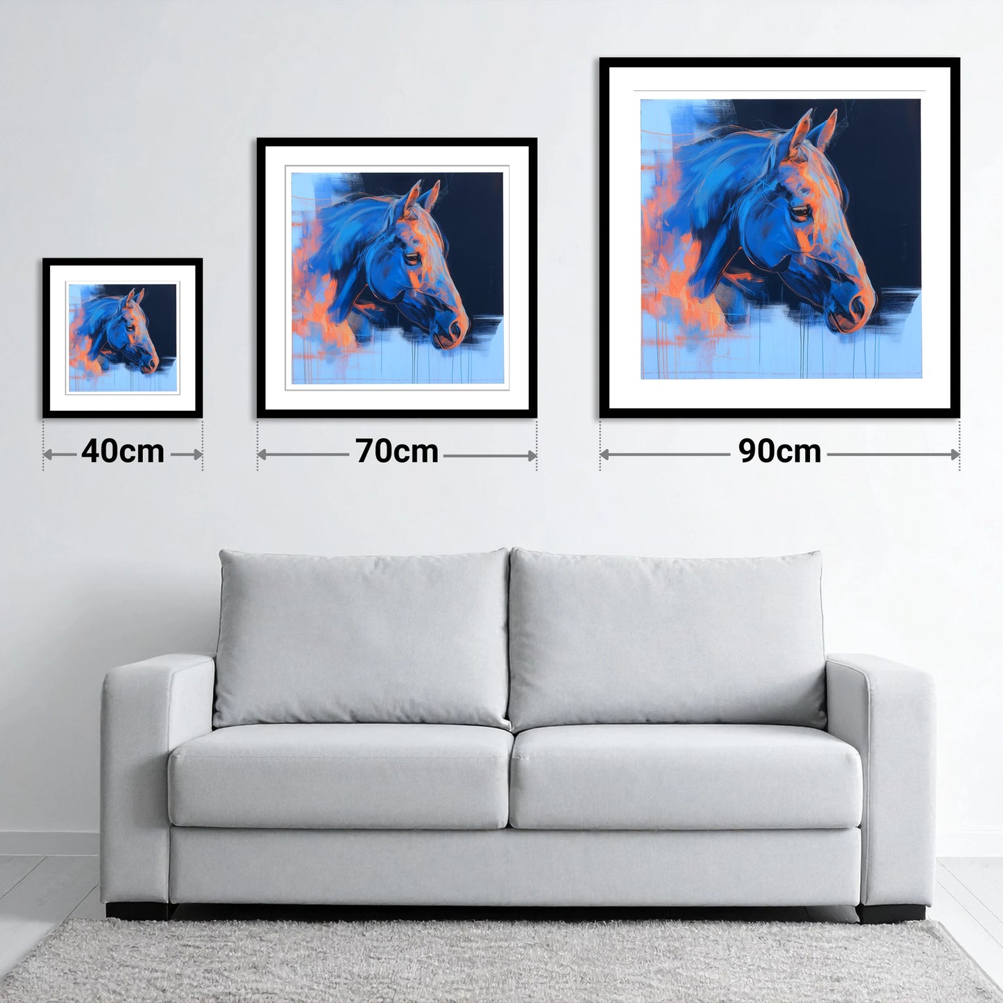 Expressive Cobalt Profile - size guide showing 40cm, 70cm and 90cm art prints