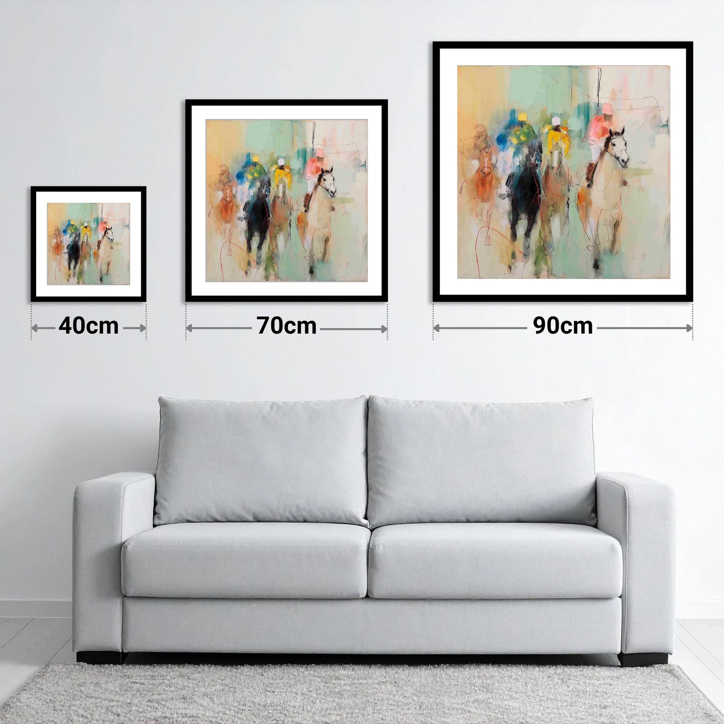 Thundering Silhouettes - size guide showing 40cm, 70cm and 90cm art prints