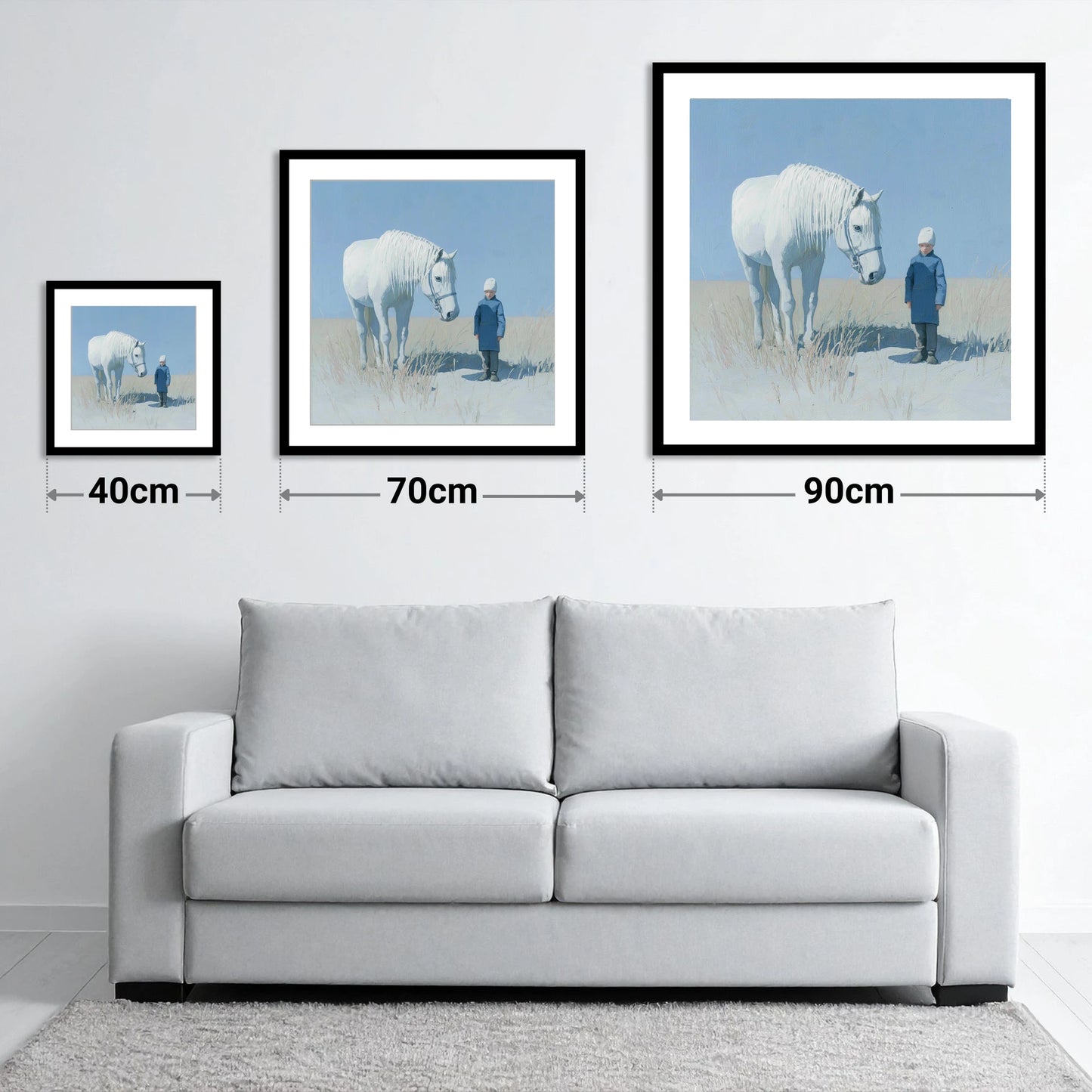 A Silent Understanding - size guide showing 40cm, 70cm and 90cm art prints