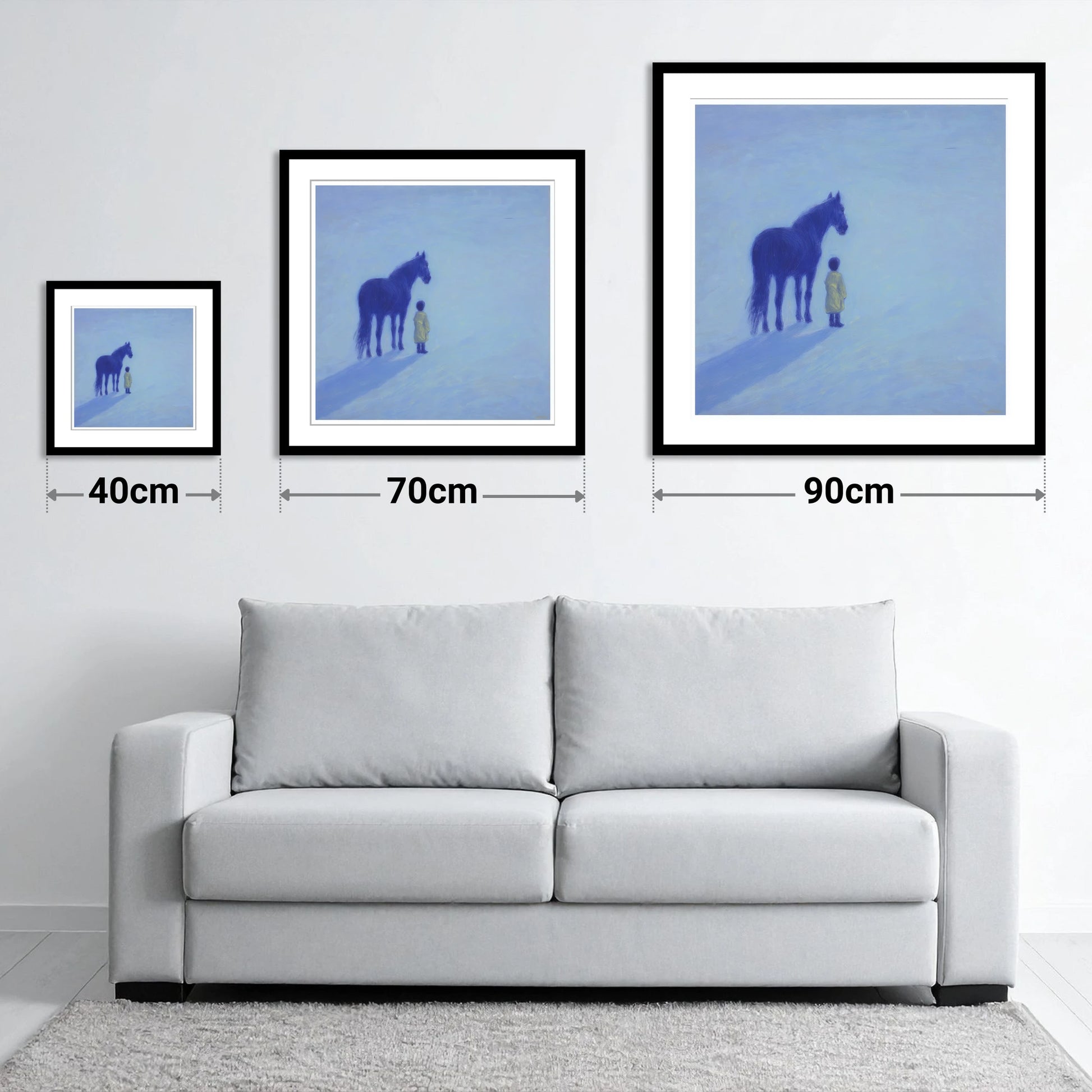 The Indigo Companion - size guide showing 40cm, 70cm and 90cm art prints