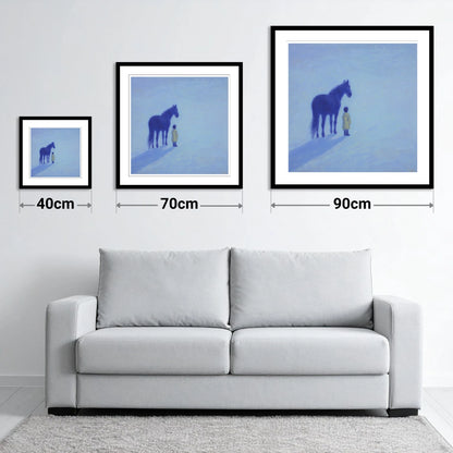 The Indigo Companion - size guide showing 40cm, 70cm and 90cm art prints