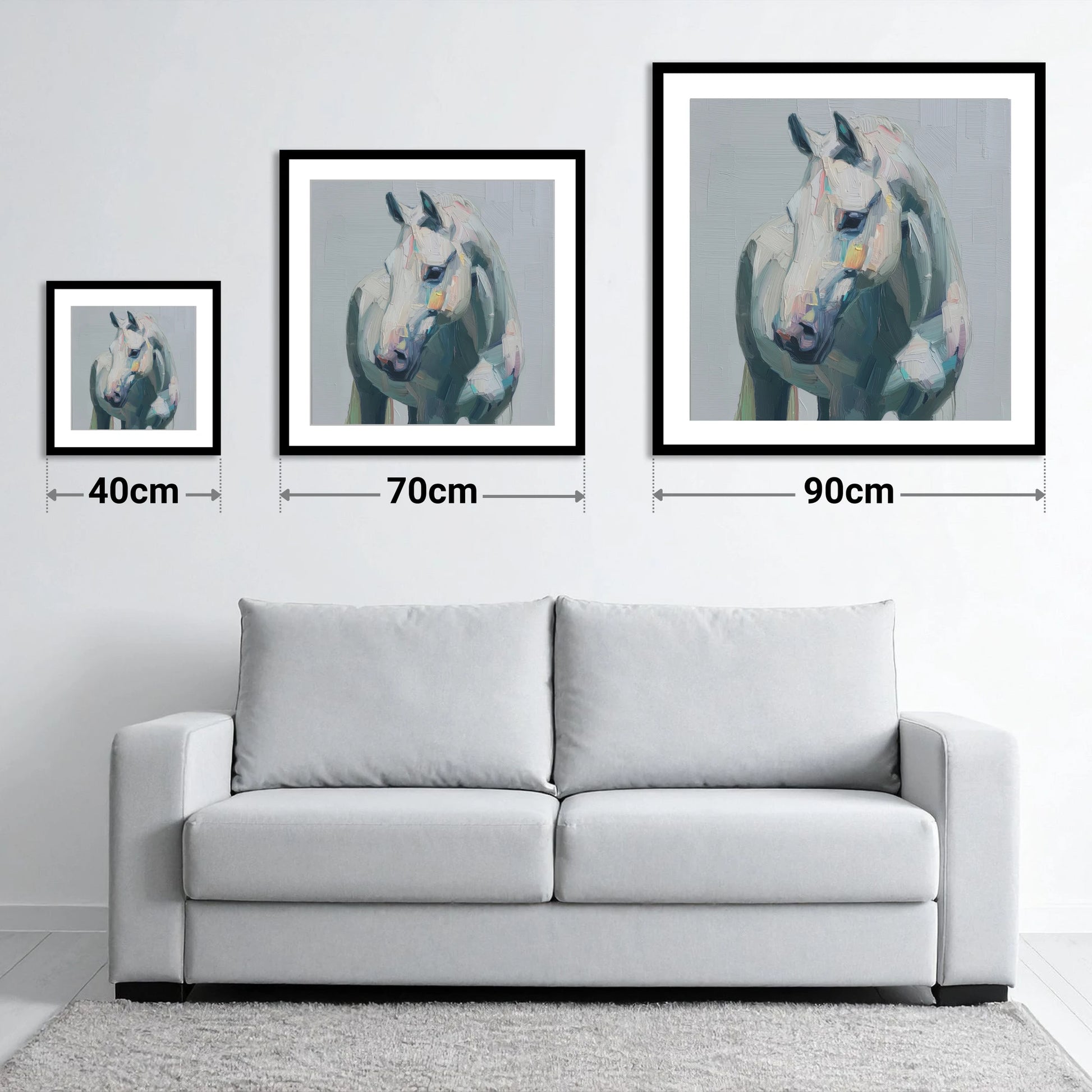The Textured Grey - size guide showing 40cm, 70cm and 90cm art prints