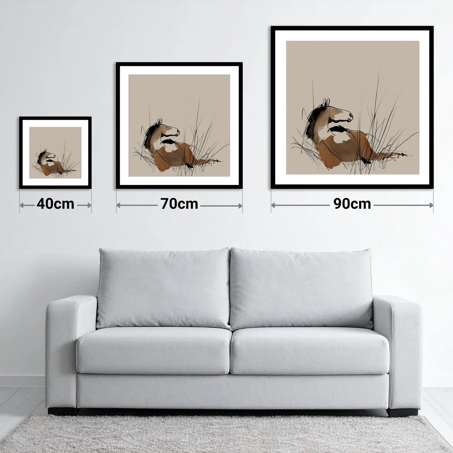 Alert in the Grass - size guide showing 40cm, 70cm and 90cm art prints