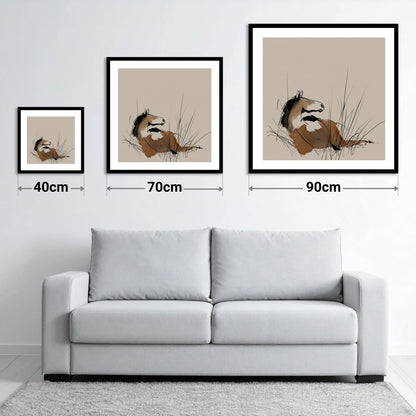 Alert in the Grass - size guide showing 40cm, 70cm and 90cm art prints