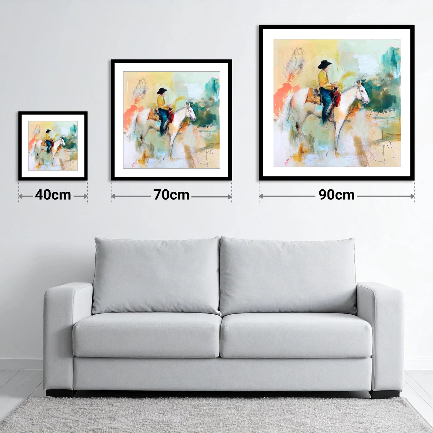 Painted Prairie Solitude - size guide showing 40cm, 70cm and 90cm art prints