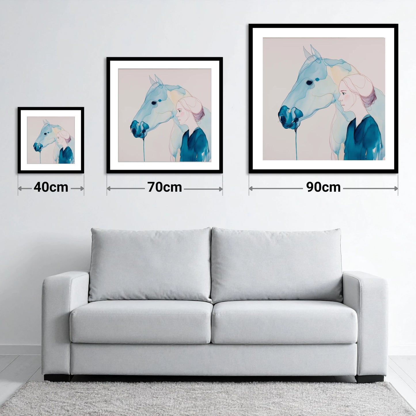 Cerulean Soulmates - size guide showing 40cm, 70cm and 90cm art prints