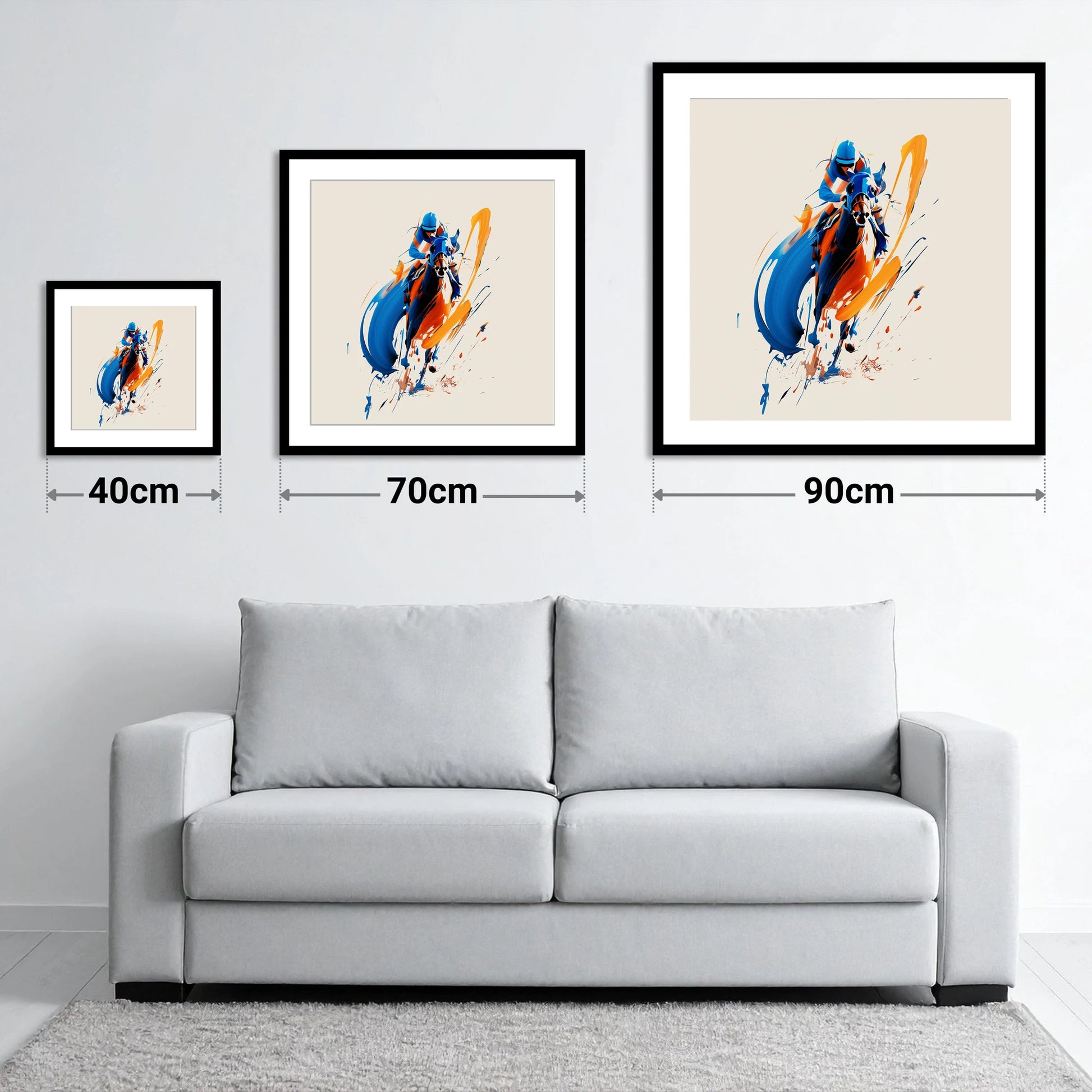 Dynamic Racing Strides - size guide showing 40cm, 70cm and 90cm art prints