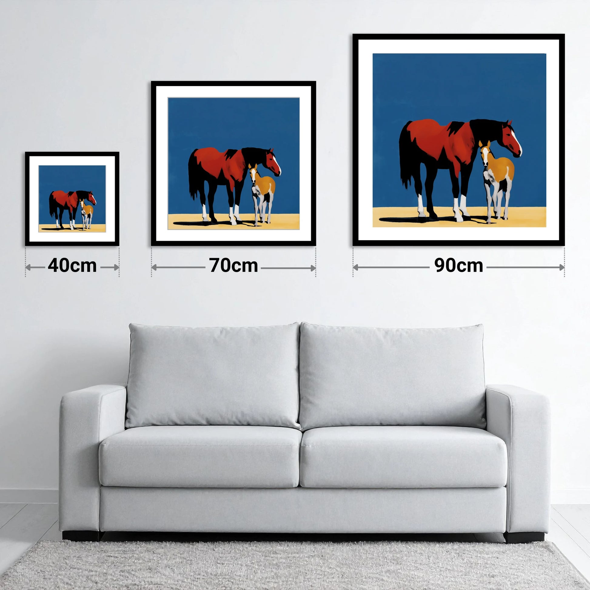Bold Modern Devotion - size guide showing 40cm, 70cm and 90cm art prints