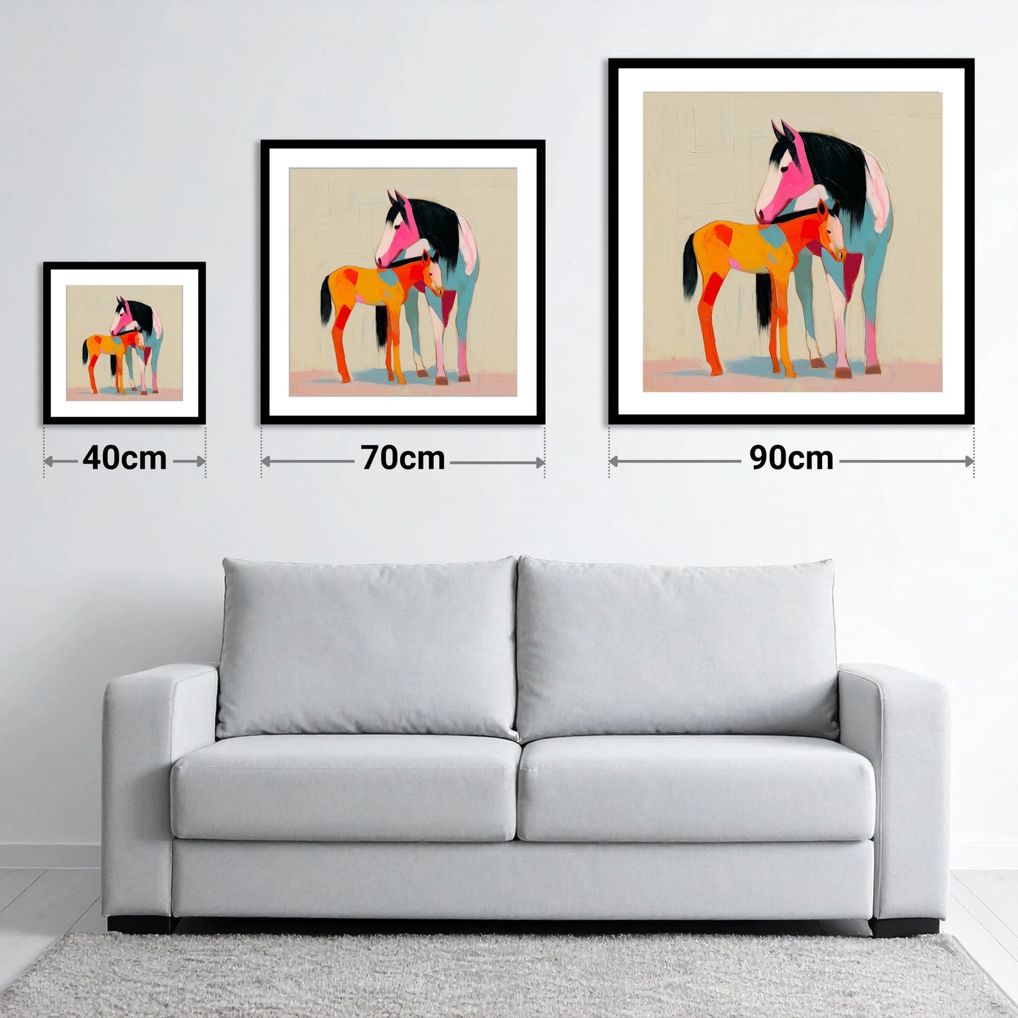 Vivid Maternal Bond - size guide showing 40cm, 70cm and 90cm art prints