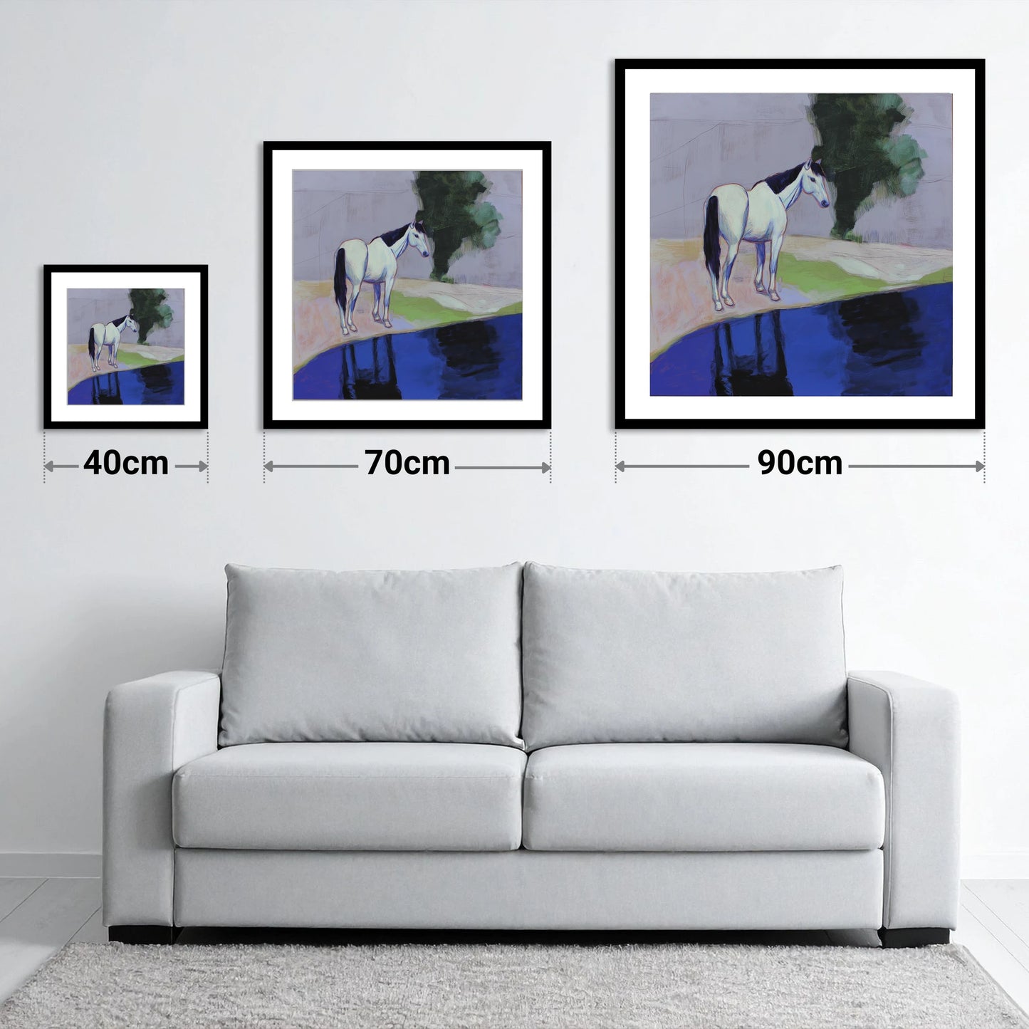 Indigo Reflections - size guide showing 40cm, 70cm and 90cm art prints