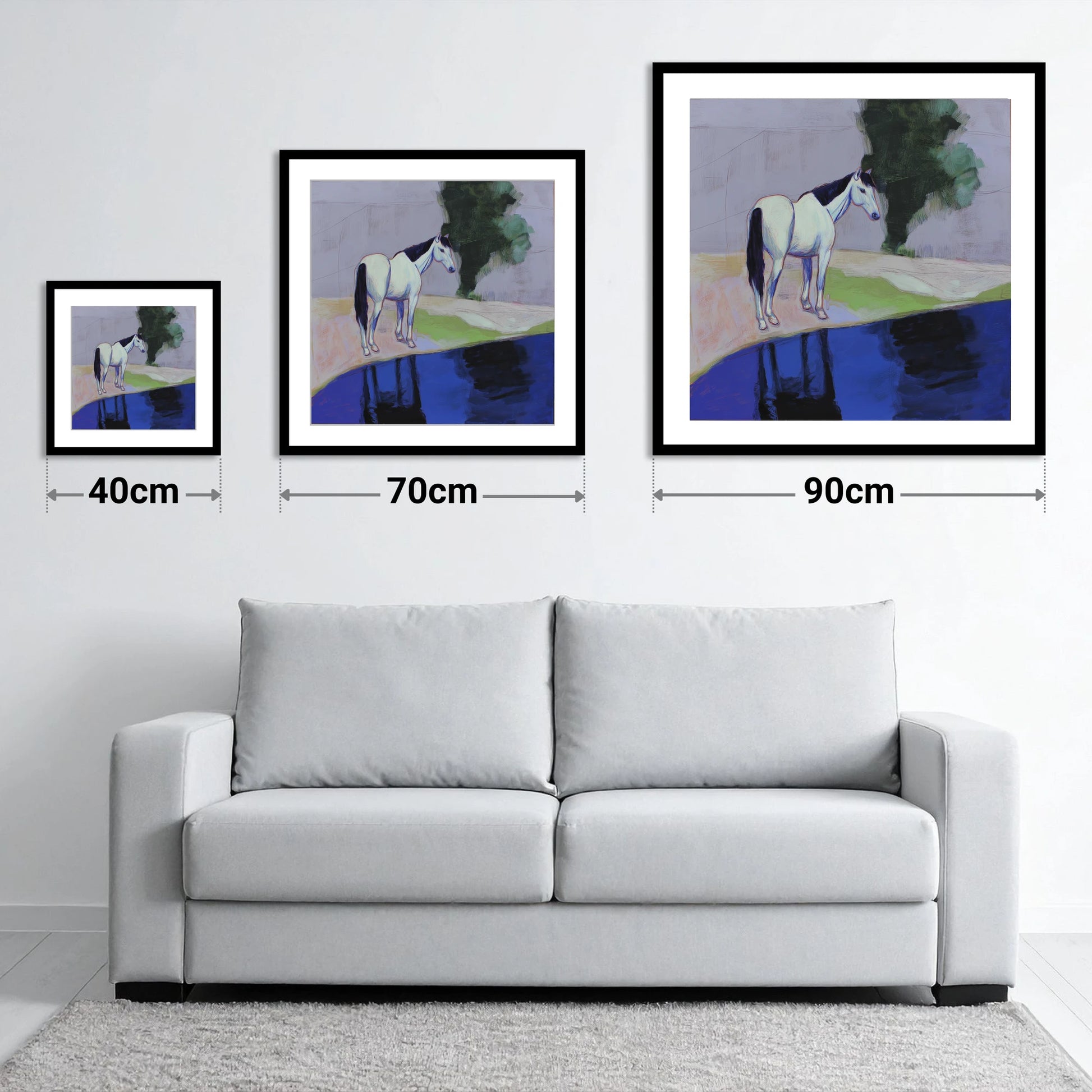 Indigo Reflections - size guide showing 40cm, 70cm and 90cm art prints